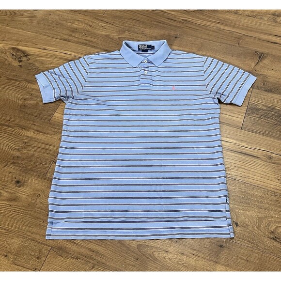 Vintage Ralph Lauren Polo Shirt Mens Large Blue Pink Black Striped Short Sleeve - Picture 3 of 11